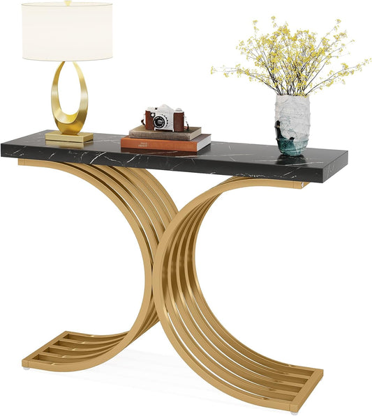 Tribesigns Narrow Console Table with Gold Metal Structure, 100 x 30 x 80 cm, Small Side Table for Hallway, Small Exhibition, for Sofa, Entrance and Living Room in Narrow Spaces
