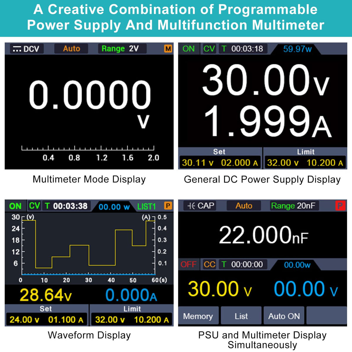 Programmeerbare labvoeding en multimeter 2 in 1 (0-30V, 0-10A) Labvoeding met datageheugen, hoge precisie, OCP, OVP, PC-software en DC310Pro USB-opladen