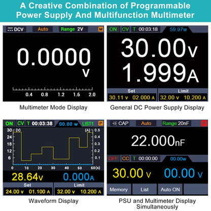 Programmeerbare labvoeding en multimeter 2 in 1 (0-30V, 0-10A) Labvoeding met datageheugen, hoge precisie, OCP, OVP, PC-software en DC310Pro USB-opladen