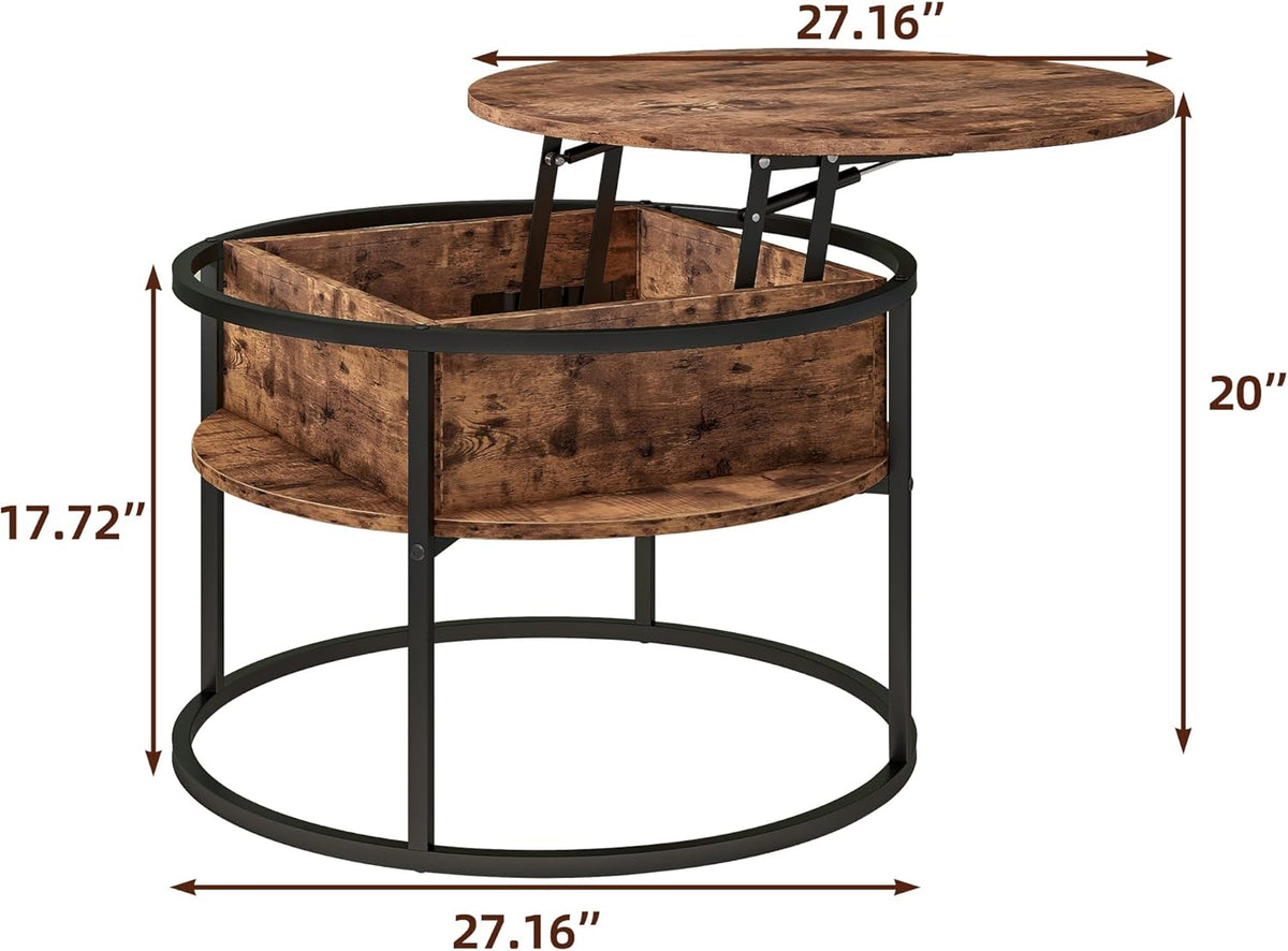 HOJINLINERO Ronde salontafel met lifttop voor woonkamer, Wsooden salontafel met verborgen opslag en lifttop, moderne sofa thee-eindtafels woonkamermeubels, bruin