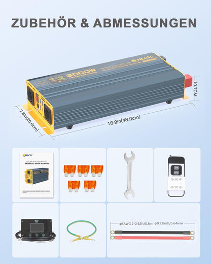 Spanningsomvormer, 3000 W24 V, zuivere sinusomvormer, 24 V naar 230 V, met 2 EU-stopcontacten, 1 x USB-C, 3 x USB-A, snelladen, lcd-display voor camper, vrachtwagen, auto