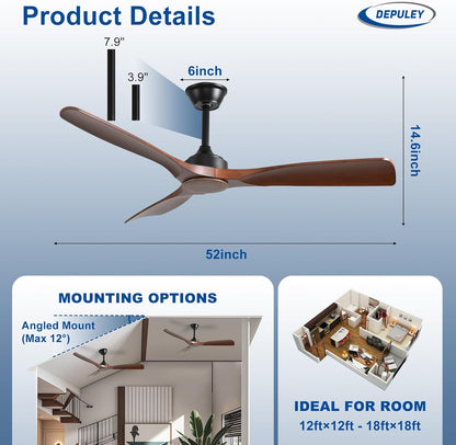 Depuley Grote plafondventilator zonder licht voor buiten: 132 cm, ventilator met afstandsbediening en app voor terras en tuin, stille plafondventilator, omkeerbare DC-timer voor slaapkamer, woonkamer