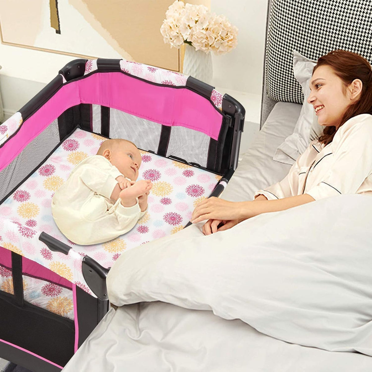 FANTASK 4-in-1 inklapbaar reisbed tot 15 kg, mobiele wieg, bijzetbed & commode & box, 2 niveaus babybed in hoogte verstelbaar met draagtas, matras en muziekdoos