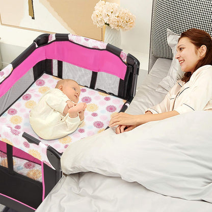 FANTASK 4-in-1 inklapbaar reisbed tot 15 kg, mobiele wieg, bijzetbed & commode & box, 2 niveaus babybed in hoogte verstelbaar met draagtas, matras en muziekdoos