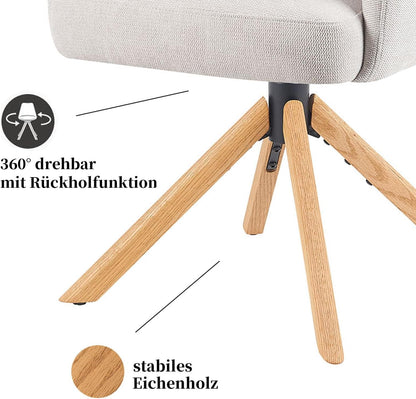 360° Draaibare Eetkamerstoel – Draaistoel – Stoel Met Armleuning – Zithoekstoel – Design Eetstoel – Crème Kleur – Natuurlijk Eikenhout Frame – Reset-functie