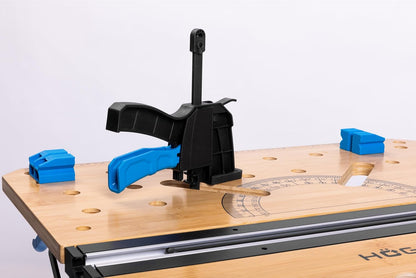 HÖGERT TECHNIK Opvouwbare werkplaatstafel 700 x 650 x 915 mm met bamboeplaat, 5-voudig in hoogte verstelbaar, 450 kg draagkracht, boringen, verbindingsstukken en spanklemmen