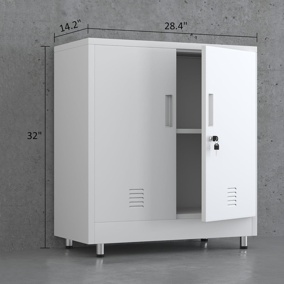 Metalen opbergkast met afsluitbare deuren en verstelbare plank, klein dressoir afsluitbare zijkast voor thuis, kantoor, hal, entree, woonkamer, eetkamer (wit)