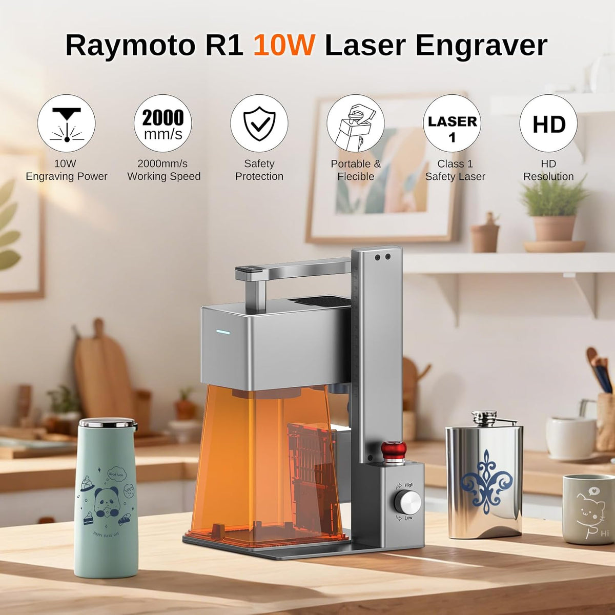 R1 10W lasergraveermachine, draagbare compacte lasergraveerder, hoge precisieresolutie van 0,05 mm, graveersnelheid van 120.000 mm/min. Geschikt voor het graveren van multiplex