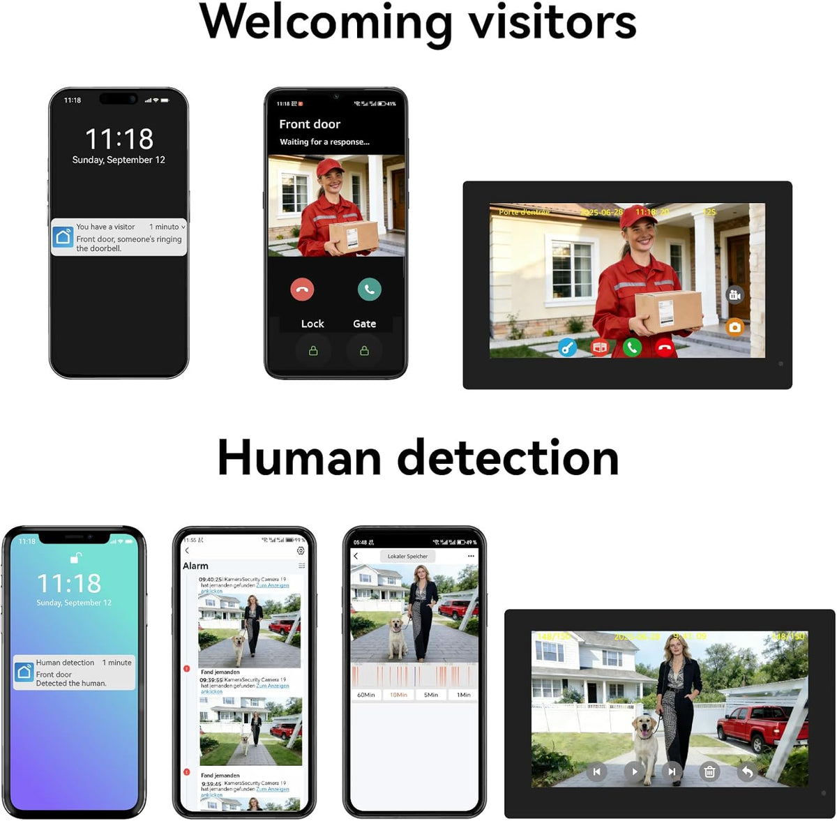 slimme videodeurbel met 2-draads aansluiting, bedrade video-intercom met 2 x 7-inch monitoren, ontgrendeling op afstand,tweeweg audio, RFID,dual-band wifi,set voor twee gezinnen