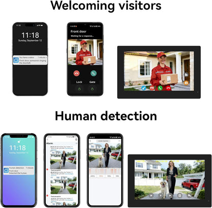 slimme videodeurbel met 2-draads aansluiting, bedrade video-intercom met 2 x 7-inch monitoren, ontgrendeling op afstand,tweeweg audio, RFID,dual-band wifi,set voor twee gezinnen
