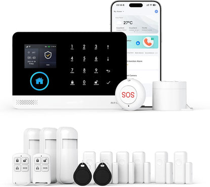 XNY GSM Draadloos huisalarm, wifi-diefstalbeveiliging met app-bediening, 16 stuks (bewegingsmelder, deur- en raamsensor, sirene, afstandsbediening), compatibel met Alexa