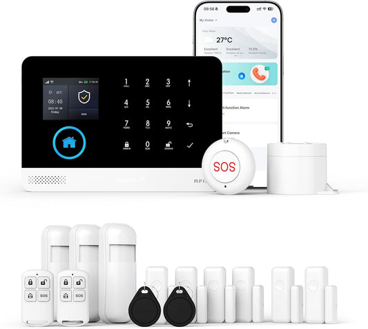 XNY GSM Draadloos huisalarm, wifi-diefstalbeveiliging met app-bediening, 16 stuks (bewegingsmelder, deur- en raamsensor, sirene, afstandsbediening), compatibel met Alexa