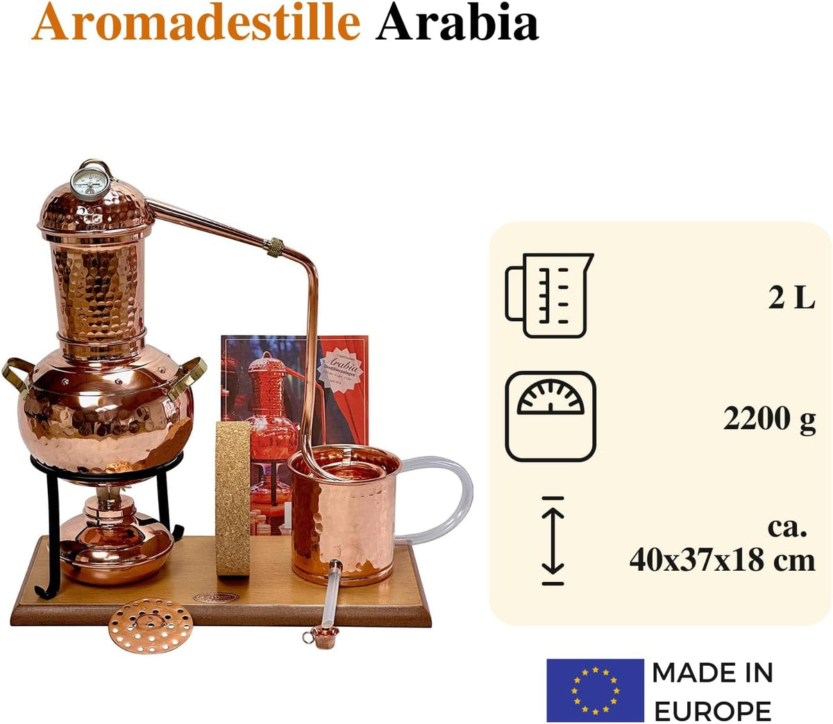 Aroma Distillation system Arabia 2 Liter I Tafeldestille incl. alcohol burner, aroma sieve & thermometer I Distillator for hydrolates & essential oils I For beginners - QUORE
