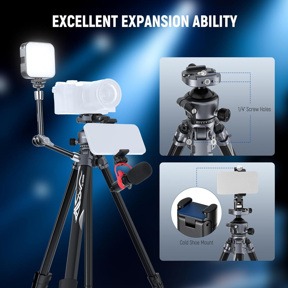 NEEWER LITETRIP LT07 Aluminium reisstatief voor camera, Pan Tilt Laag Profiel, Kogelhoofd, Arca QR-plaat, compatibel met Peak Design statiefplaat V3, dubbele as, telefoonhouder, max belasting 10 kg