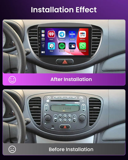 4+64G Android 15 autoradio voor Hyundai i10 2007-2013 met draadloze CarPlay Android Auto, 9-inch scherm, ondersteunt FM, RDS, 32EQ, GPS, Bluetooth, WiFi, SWC, AHD en achteruitrijcamera.