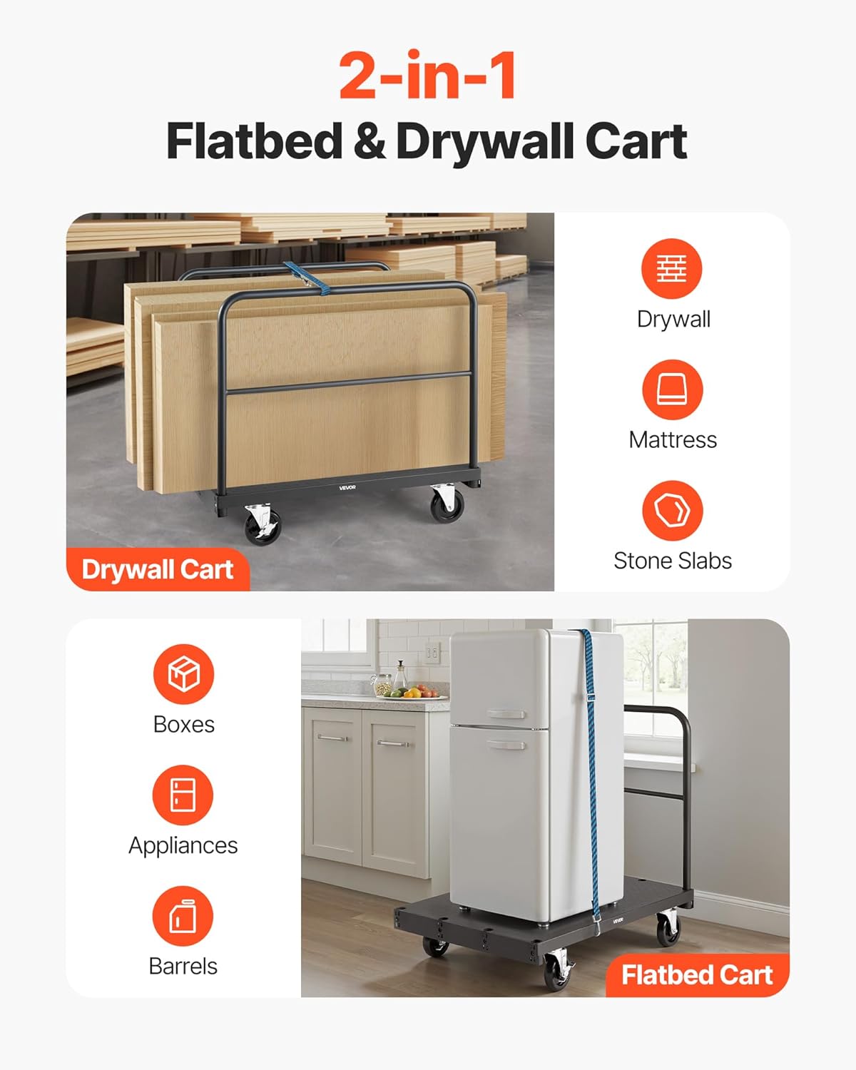 VEVOR Drywall Trolley Load Capacity 810 kg Steel Plates 12.5 mm Casters Platform 91.5 x 61 cm with 3 Side Handrails for Factory Garage Black