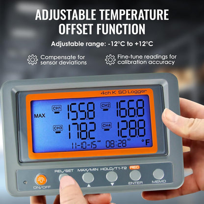 4 Kanaals K Type Thermometer Sd-kaart Datalogger Thermoelementtemperatuur Met Pieper En Led-alarm + 2 K Thermoelementsonde