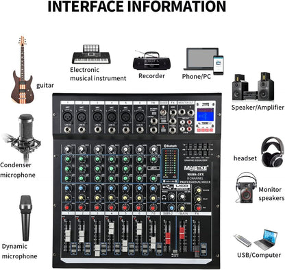 Mixer 8-Kanaals – Audio Mixer – Mengpaneel – DJ Mengpaneel – Mengtafel – Bluetooth en USB – 48V Fantoomvoeding