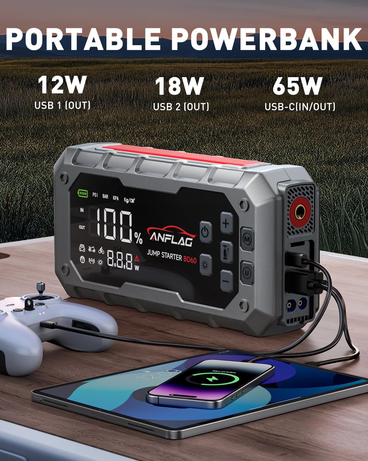 Jump Starter Power Pack met Luchtcompressor – Auto Accu Booster – Startbooster – Noodstarter – Powerbank – 7000A Starthulp voor 12V Voertuigen – Ingebouwde 160 PSI Compressor