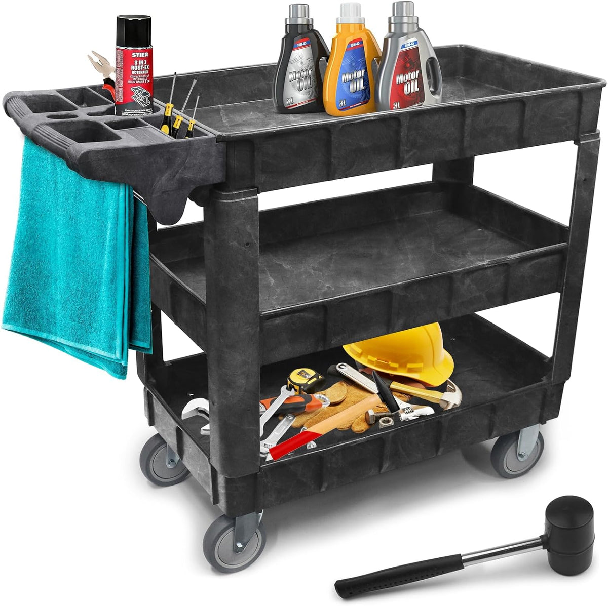 Opbergkar – Gereedschapswagen, Opbergwagen, Servicekar, Rollende Kar – 3-Laags, 2-In-1 Verstelbaar – Tot 259 Kg Draagvermogen, 5 Inch Zwenkwielen Met Rem