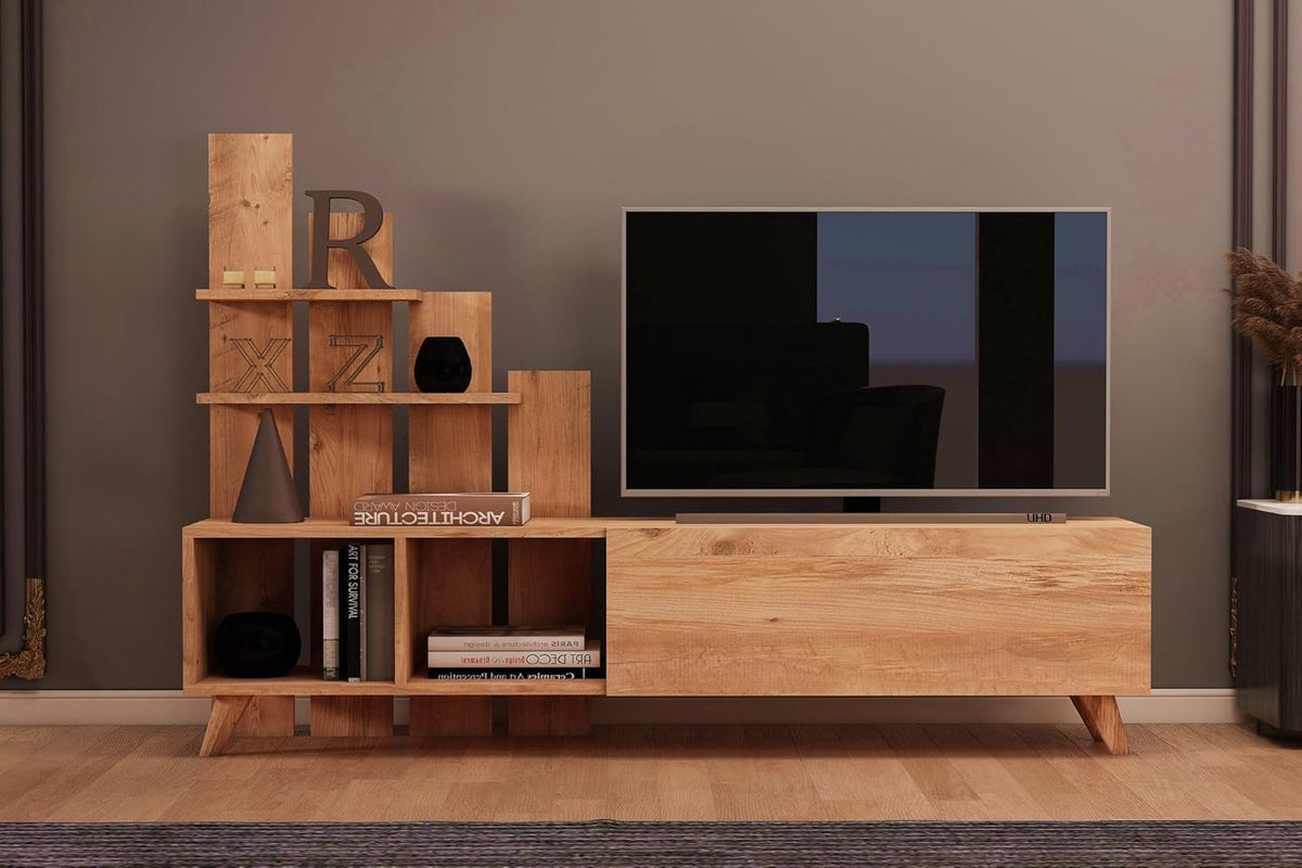 Hanah Home Stijlvolle tv-standaard, Atlantic Pine, 160 x 115 x 33 cm, 100% melamine gecoat particle board, 18 mm dik, perfect voor moderne woonkamers en entertainmentruimtes