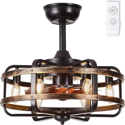 Plafondventilator met Verlichting Industriële Retro, Zwarte Metalen Kooi, Stille 3 Snelheden Reversibel Plafondventilator met Afstandsbediening, Vervangbaar 6x E14 Lamp voor Woonkamer Slaapkamer