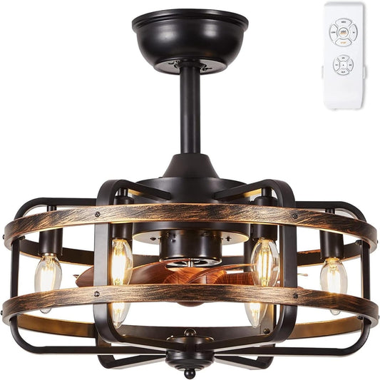 Plafondventilator met Verlichting Industriële Retro, Zwarte Metalen Kooi, Stille 3 Snelheden Reversibel Plafondventilator met Afstandsbediening, Vervangbaar 6x E14 Lamp voor Woonkamer Slaapkamer
