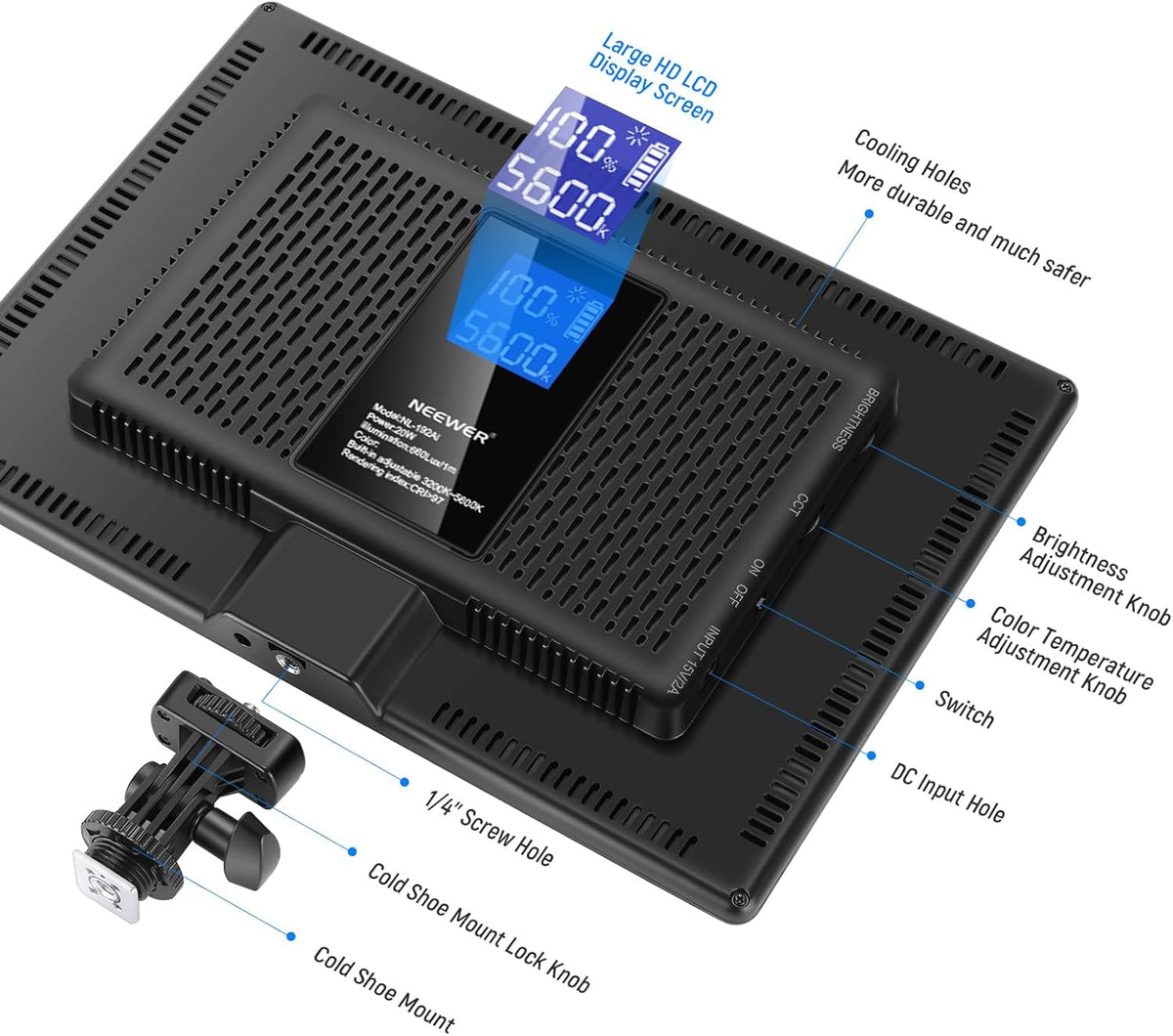 NEEWER NL-192AI Led-videolichtpaneel, studiolichtset met statief, dimbaar, Bi Color Key Light 3200-5600K, CRI97+, voor streaming fotografie, podcasts, opnamen, 2400 lux/0,5 m, 8000 mAh batterij, 13