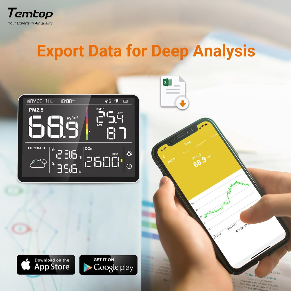 Temtop M100-UP Luchtkwaliteitsmeter, weerstation, 2,4 G wifi, bluetooth-thermometer met app, 8-in-1 luchtkwaliteitsmeter (PM2.5/CO2/temperatuur/vochtigheid)