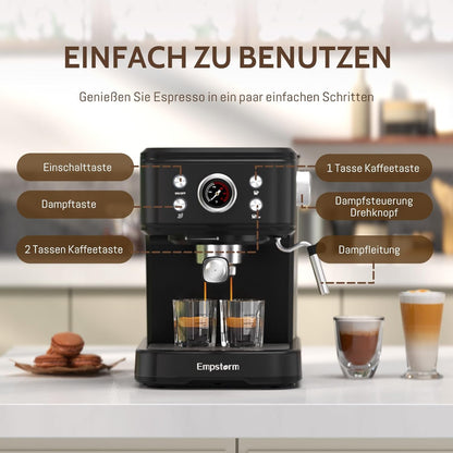 Empstorm Espressomachine, 20 bar, zeefvoermachine met melkstoomstaaf, 2-in-1 functie voor koffiecapsules en gemalen koffie, latte en cappuccinomachine, perfect voor thuis