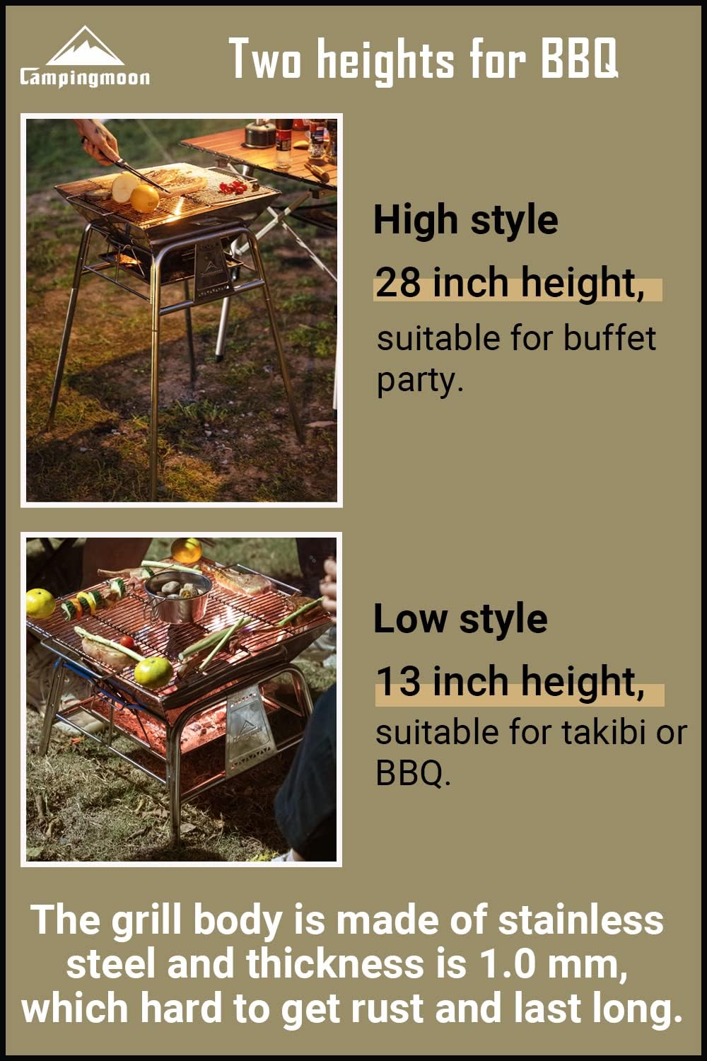 CAMPINGMOON Opvouwbare Camping Houtskool Grill BBQ RVS Stand Type MT-5