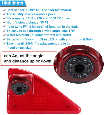 HD IP68 Derde Gemonteerde Daklamp Remlicht Achteruitrijcamera Achteruitrijcamera Kan Hoek Infrarood Nachtzicht aanpassen voor Opel/Movano/Renault Master/NV400+4.3 ''Monitor