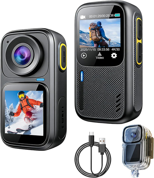 OBEST Bodycam 4K/30fps HD Action Cam, waterdichte wifi-camera met dubbel scherm, sportcamera met 140°-groothoek, mini-selfiestick met waterdichte behuizing, bodycam voor outdoorsport/reizen