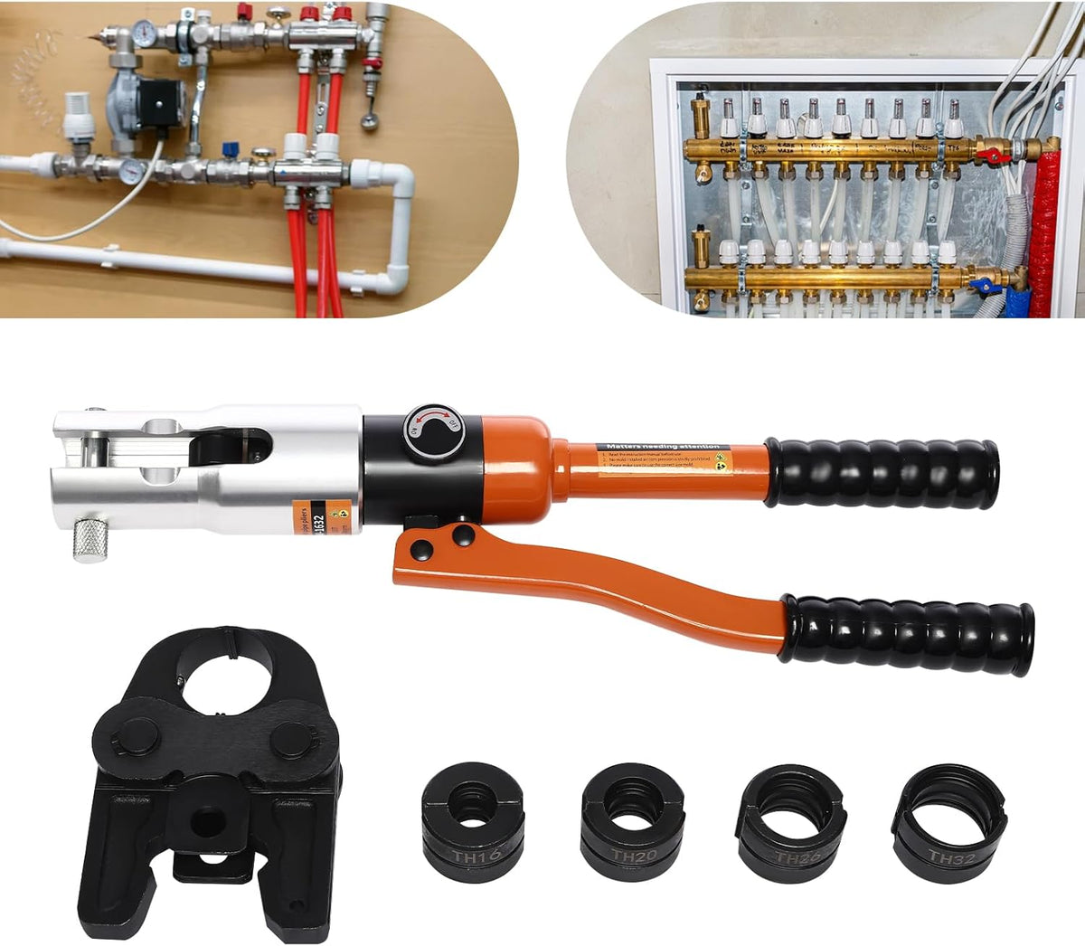 OUKANING Hydraulic Crimping Tool 10T with 360° Rotating Head and Interchangeable Shapes (TH/U/V/M Series), for Aluminium Plastic, PEX, Copper Tubes, Ergonomic, Oilproof (TH16, TH20, TH26, TH32) - QUORE