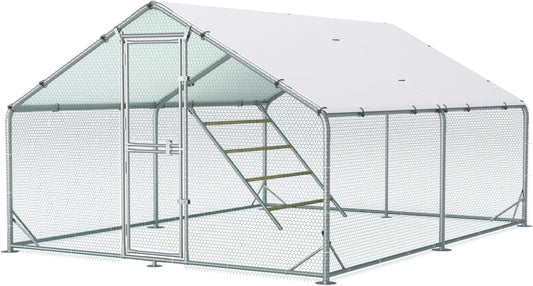 Large Metal Chicken Coop 4 x 3 x 2 m with Roofing for Garden, Weatherproof, Free Running House for 6 to 10 Chickens with Accessories and Ladder