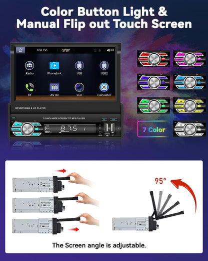 1-DIN Autoradio – Draadloze Radio – CarPlay Systeem – Android Auto Radio – Bluetooth Autoradio – Uittrekbaar 7" Touchscreen – Inclusief Achteruitrijcamera - QUORE
