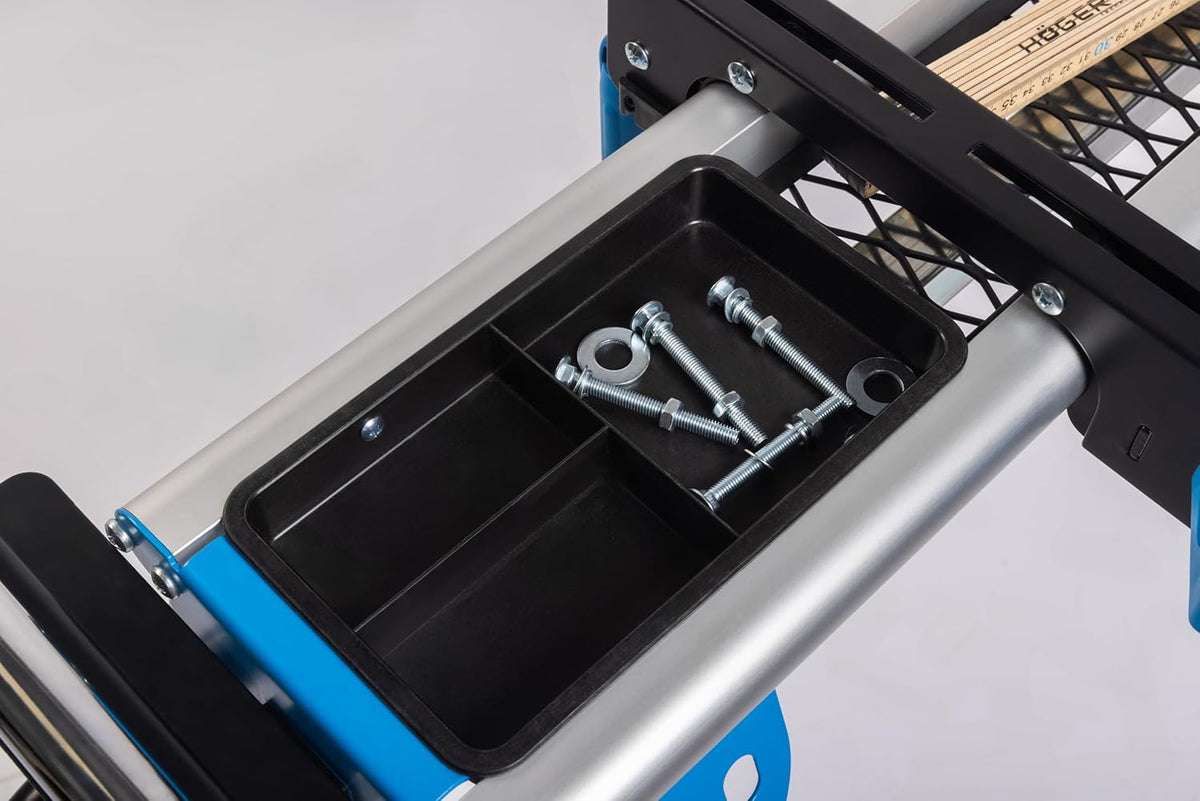 HÖGERT TECHNIK – Inklapbare, mobiele zaagtafel voor kap- en bandzagen met rolsteunen, gereedschapsplanken, stalen aluminium constructie en 100 kg draagkracht voor nauwkeurig werken