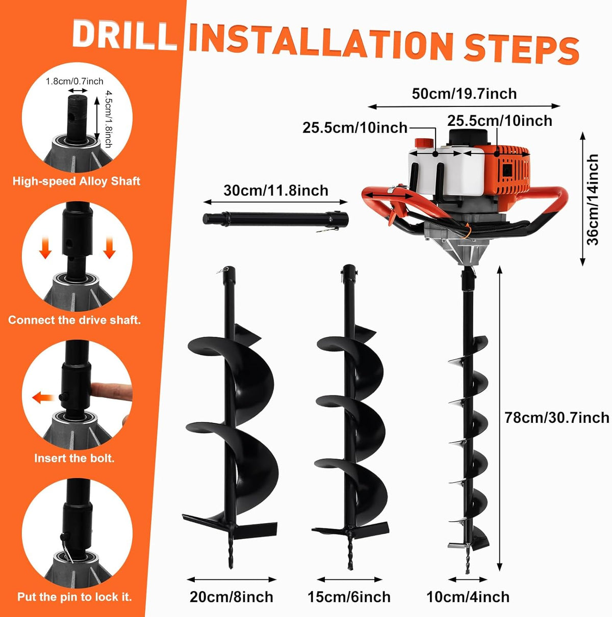 3 Auger Drill Attachments, 100/150/200 mm, Ideal for Excavation, Earth Drill, Hand Garden Drill, Earth Drill for Drill, Plant Drill, Digging Tool - QUORE