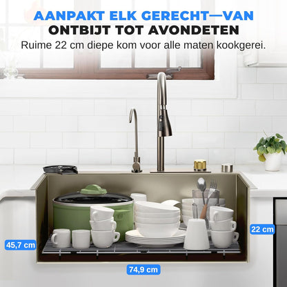 SereneLife Keukenspoelbak van Roestvrij Staal – Onderbouw & Opbouw, 13 Gauge, 76 x 46 x 23 cm, Inclusief Kraan, RVS Racket, Zeefmand, Snijplank & Bekerreiniger, Grijs