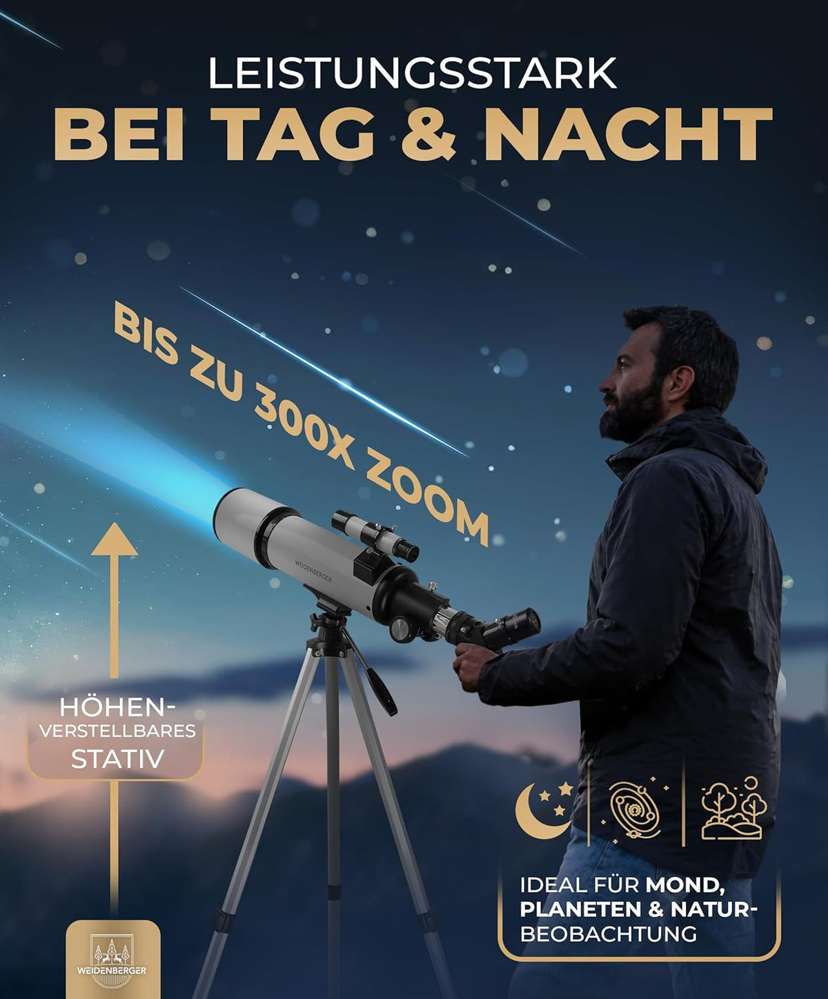 Telescoop 60800 – refractorverrekijker, 60 mm opening, 800 mm brandpuntsafstand, 3 oculairs + 3 x barlow lens, zoekerverrekijker, statief en adapter voor mobiele telefoons – voor