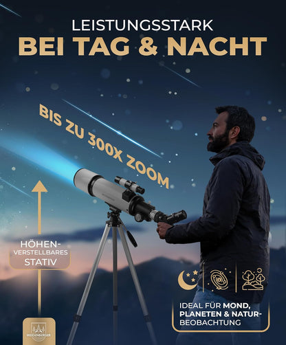 Telescoop 60800 – refractorverrekijker, 60 mm opening, 800 mm brandpuntsafstand, 3 oculairs + 3 x barlow lens, zoekerverrekijker, statief en adapter voor mobiele telefoons – voor