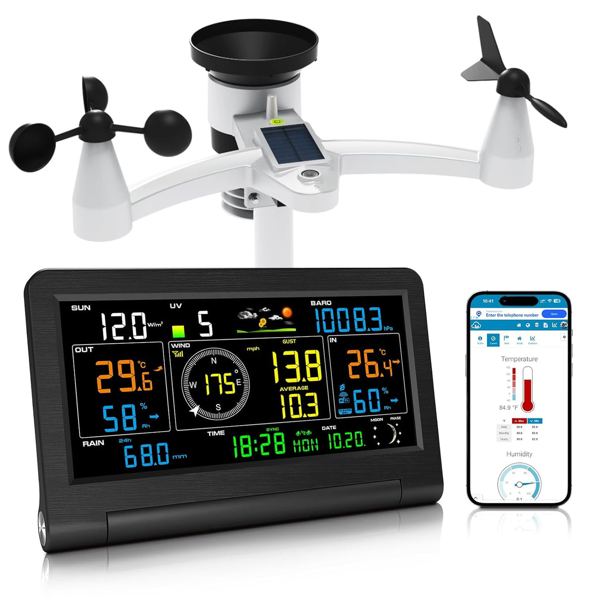 Urageuxy 14-in-1 weerstation wifi, weerstation met regenmeter, windmeter, binnen- en buitenthermometer, hygrometer, luchtdruk, uv-index, weersvoorspelling, maanfasen, voor huis en tuin
