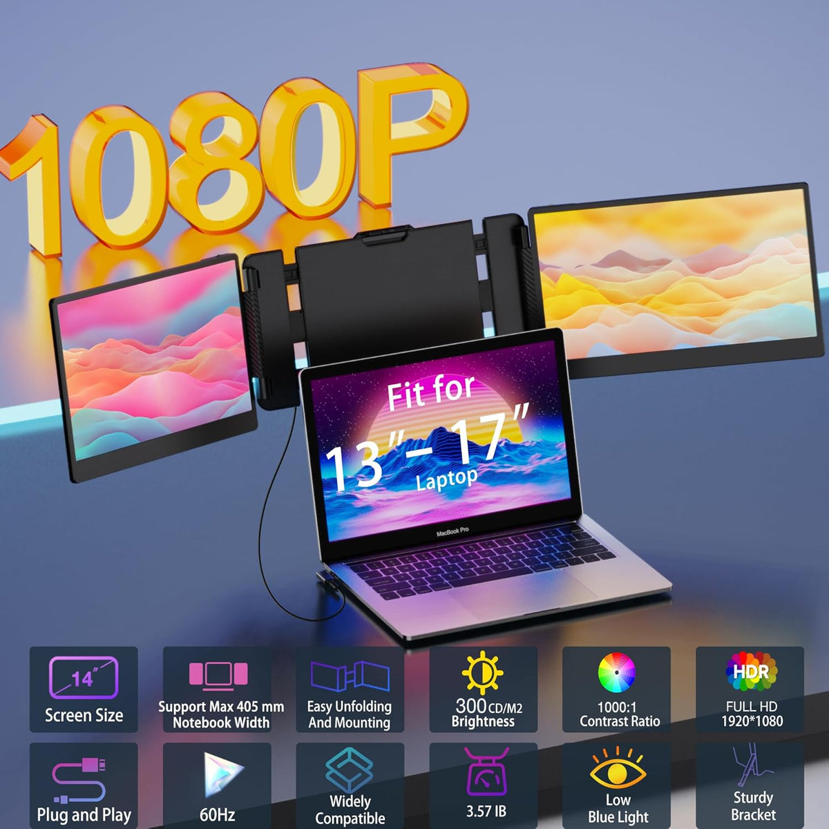 Kwumsy Portable Monitor For Laptop-14" Full HD 1080p Display Dual Triple Monitor Screen Extender,Compatible With Windows/Mac/Chrome For 13''-17.3'' Maximum Width 405mm Laptops. - QUORE