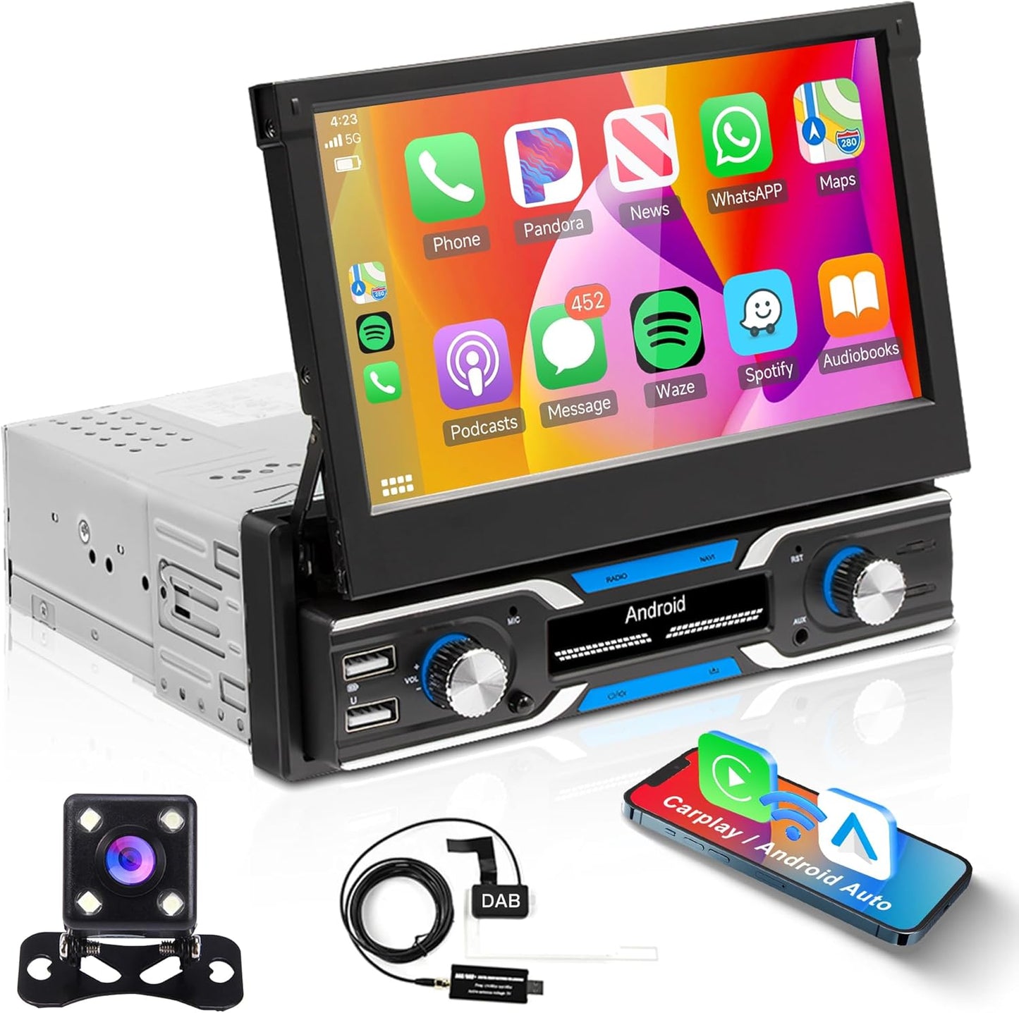 Autoradio 1 Din – Android Autoradio – Carplay Autoradio – GPS Navigatie Radio – DAB+ Autoradio – 7 Inch Automatisch Uitschuifbaar Scherm – Draadloze CarPlay & Android Auto