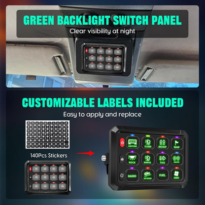 Chelhead Schakelpaneel met 12 versnellingen, 80 A, groene achtergrondverlichting, 4 verlichtingsmodi, uitschakelbaar, waterdicht, IP65, multifunctioneel 12 V schakelaar, paneel met geheugenfunctie