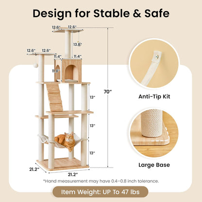 Grote Moderne Kattenboom - 178 cm Hoge Speeltoren voor Katten, Kattenmeubel met 7 Volledig Omwikkelde Krabpalen, 2 Ruime Platforms, Hangmat, Afneembaar Kussen en Pluche Ballen, Lichtbruin