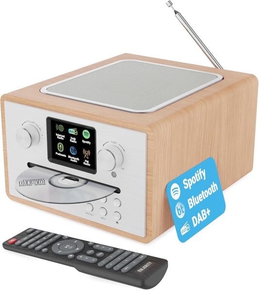 Majority Homerton Internetradio met CD-Speler & DAB+ | Bluetooth, Spotify Connect, FM-Radio, Podcasts | 90 Zenderpresets, Dubbel Alarm, EQ | Full Colour Display & Afstandsbediening | Eikenhout Design