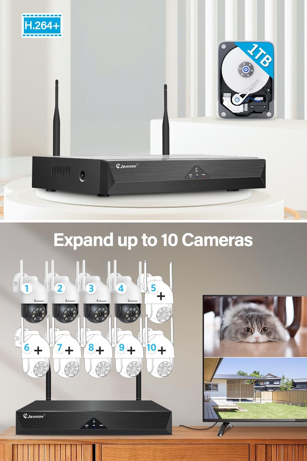Jennov 5MP Draadloos Beveiligingscamerasysteem, 10CH NVR CCTV Camerasysteem met 1TB HDD, 4 Stuks PTZ Camera, Persoonsdetectie, Kleuren-nachtzicht, Automatisch Volgen, Tweeweg-audio