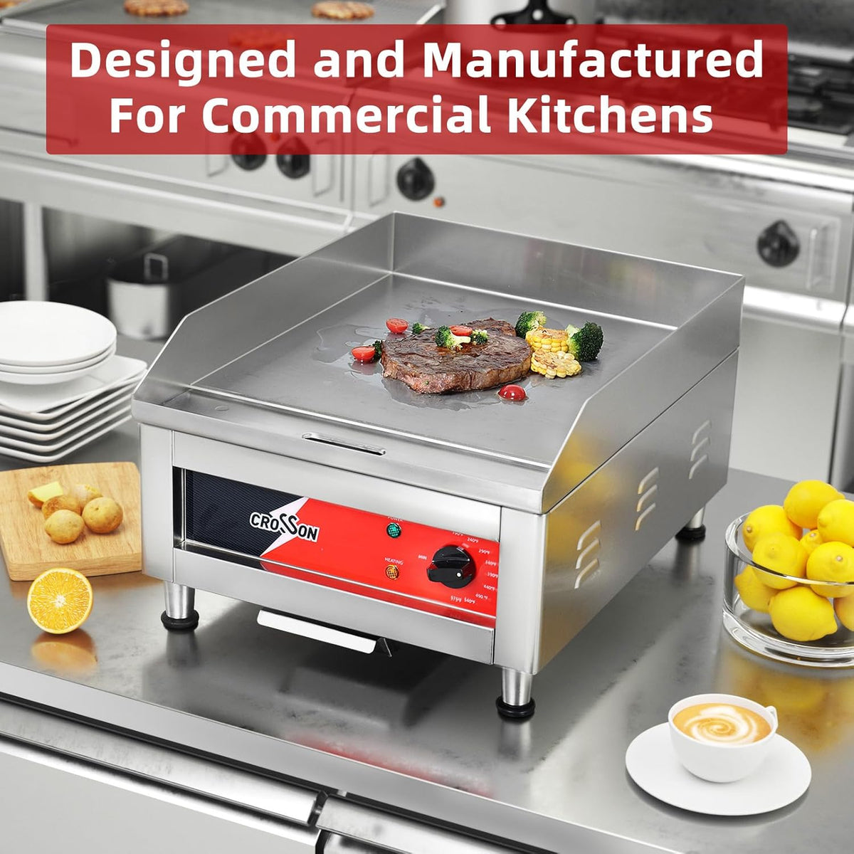 CROSSON Professionele Gastro Grillplaat 2500W,Elektrische Grill van Roestvrij Staal,Glad Oppervlak Kookoppervlak 40 x 40 cm,temperatuur 88-300 °C,voor restaurant en thuisgebruik