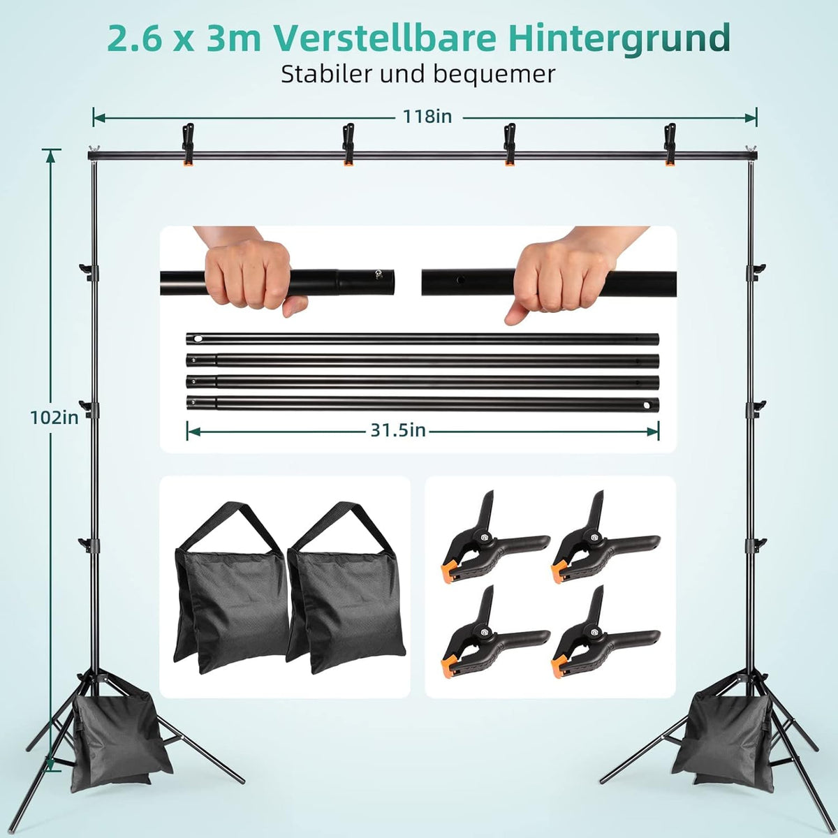 Complete Fotostudioset – Fotostudio Set – Softbox Set – Achtergrondsysteem – Studiolampen – 2,6 x 3 m Verstelbaar Aluminium Frame – 3 Katoenen Achtergronden Groen, Zwart En Wit